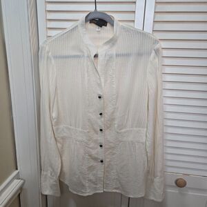 Bandolino embroidered cream stripe cottagecore western peasant cotton blouse 14